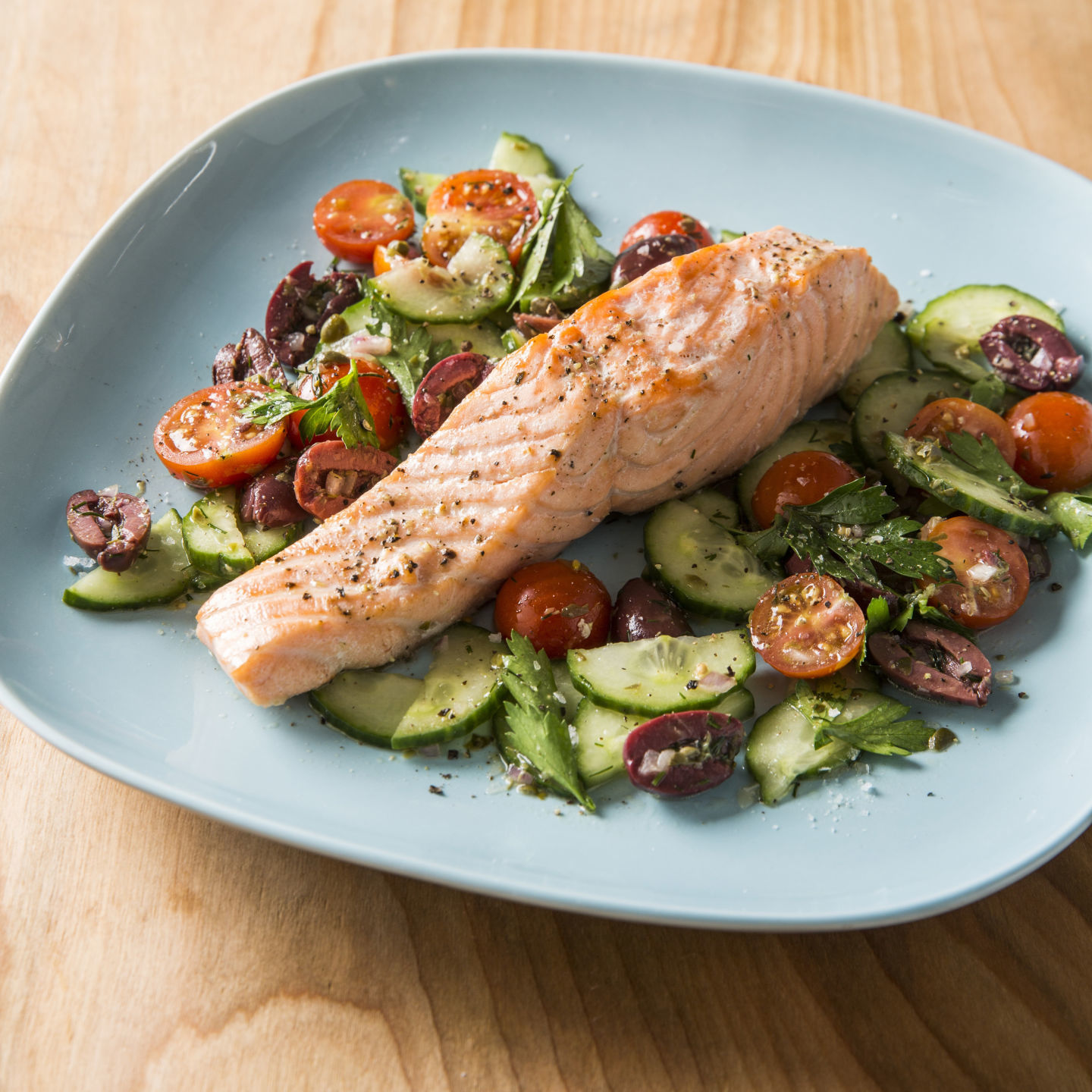 Food Column ATK Poached Salmon with Cucumber and Tomato Salad